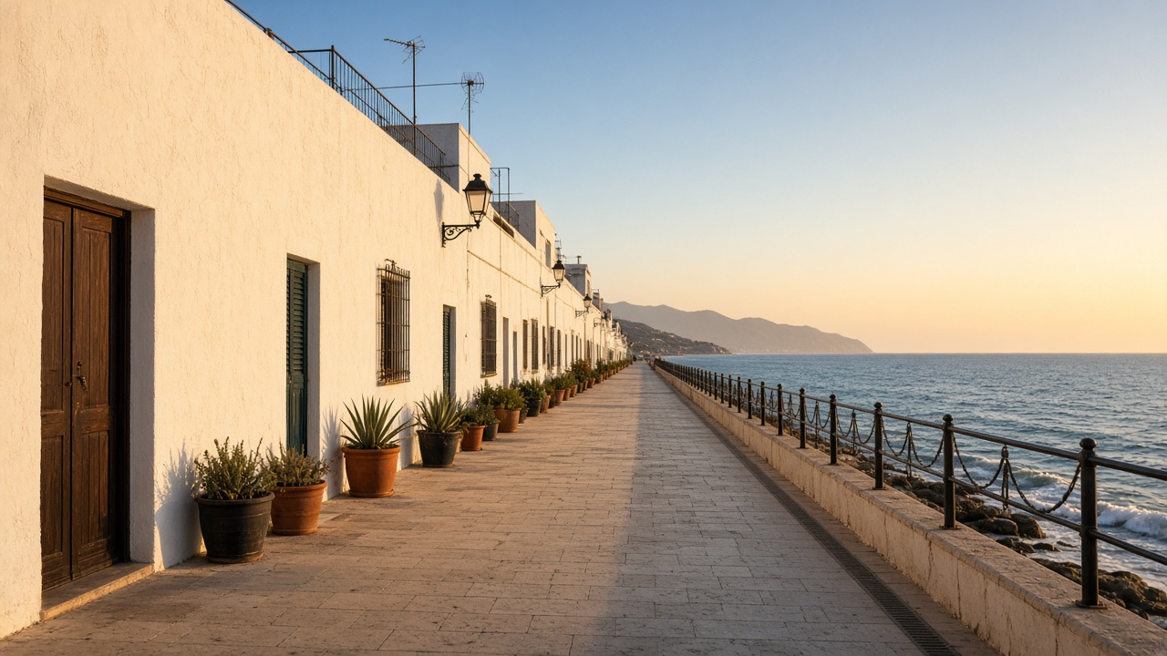 Coastal promenade and whitewashed buildings near Roquetas de Mar at golden hour