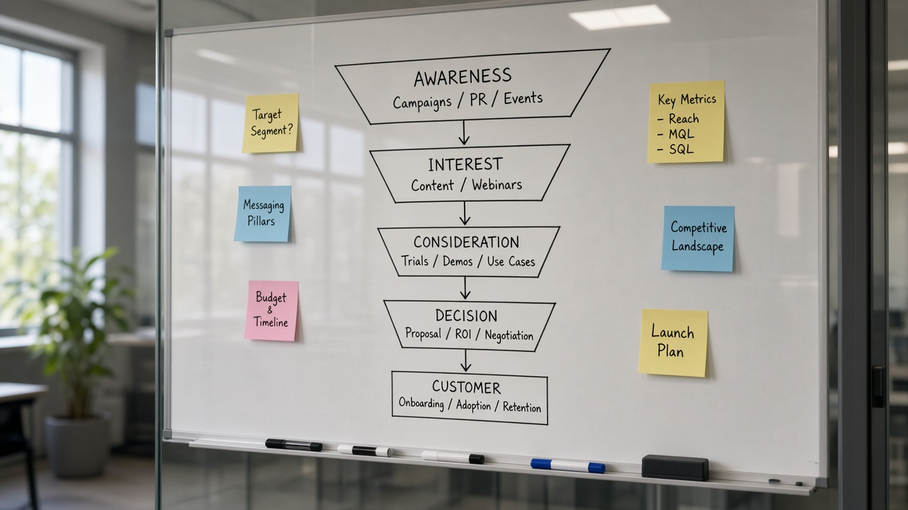 Whiteboard with funnel sketch and sticky notes in an empty workspace