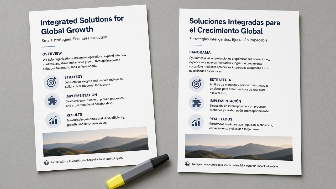 English and Spanish marketing printouts compared on a desk with highlighter