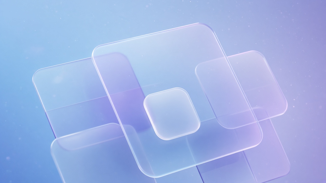 Layered translucent interface cards with soft blue and violet gradient lighting